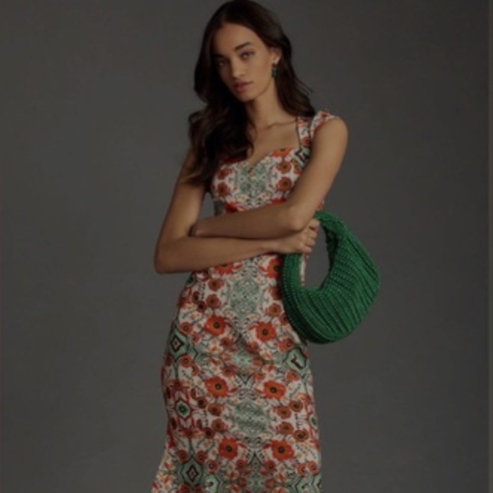 Anthropologie Floral Midi Dress - Orange and Green - Small Petite